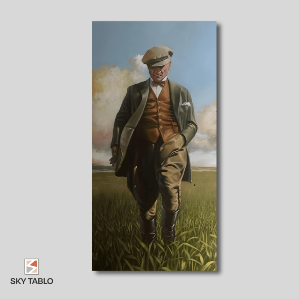 Buğday Tarlasında Yürüyen Atatürk uzun dikey tablo yakından görünümü