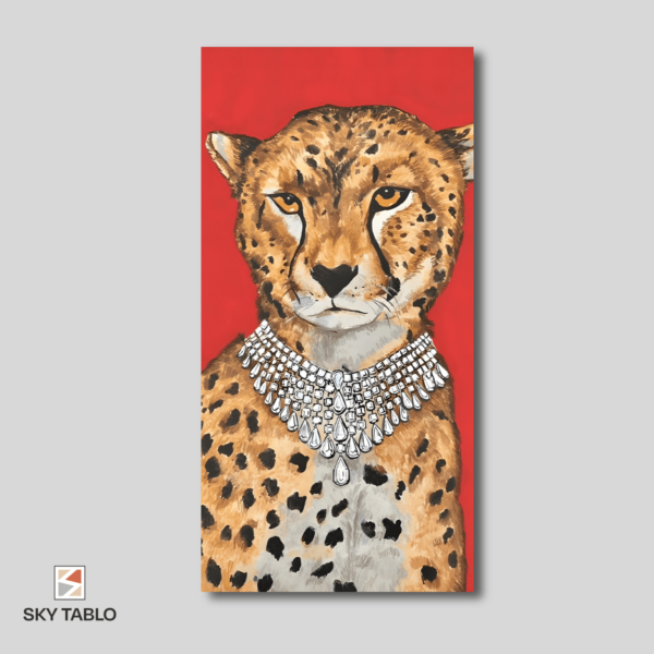 zerafetin simgesi kırmızı arka planlı leopar uzun dikey tablo yakından görünümü