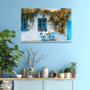 Ege’nin Sıcaklığı – Mavi Pencere ve Sarı Çiçek Tablosu