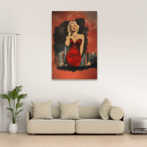 Kırmızı Elbiseli Kadın ve Şehir Silueti